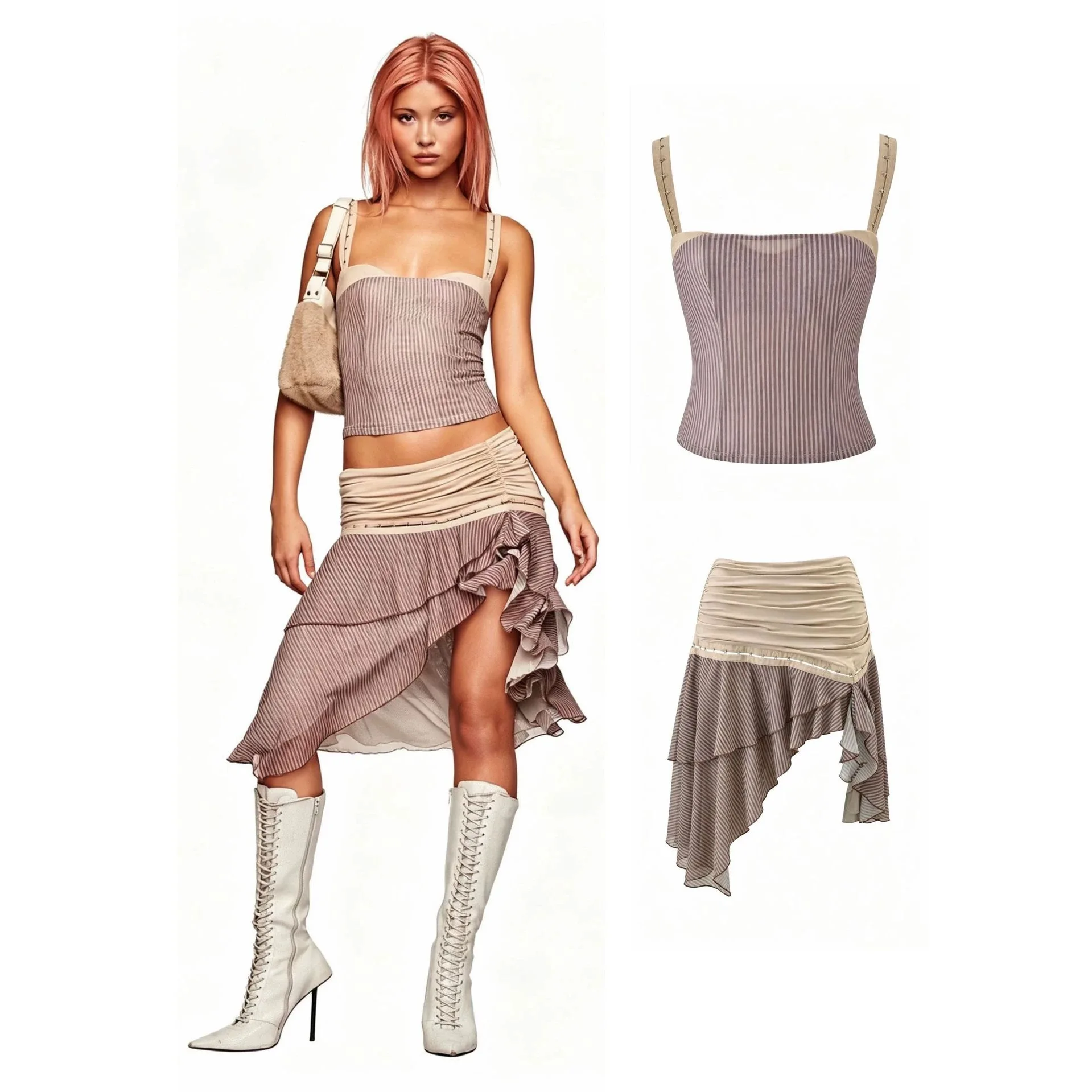 

IIA American Retro Striped Waist Cinching Removable Two-Way Wear Pleated Short Skirt Set Women's Casual Style V-Neck Midi Dress