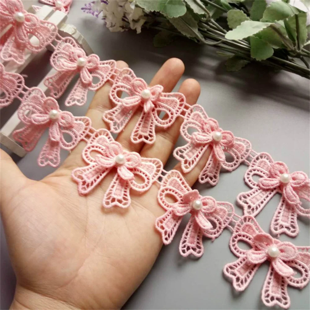 10x różowa kokardka perła haftowane koronkowe wykończenia tkaniny koronkowa wstążka Handmade DIY materiały krawieckie Craft do dekoracji ubrań nowość