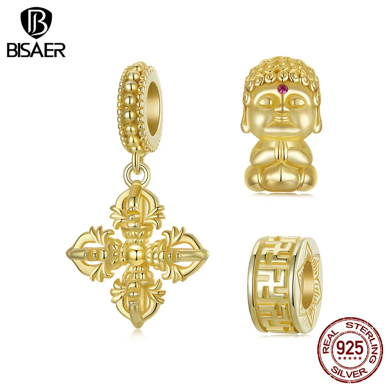 BISAER 925 Sterling Silver Pink Golden Buddha Charm Vajra Pendant Swastika Pattern Silicone Bead for Women DIY Bracelet Jewelry