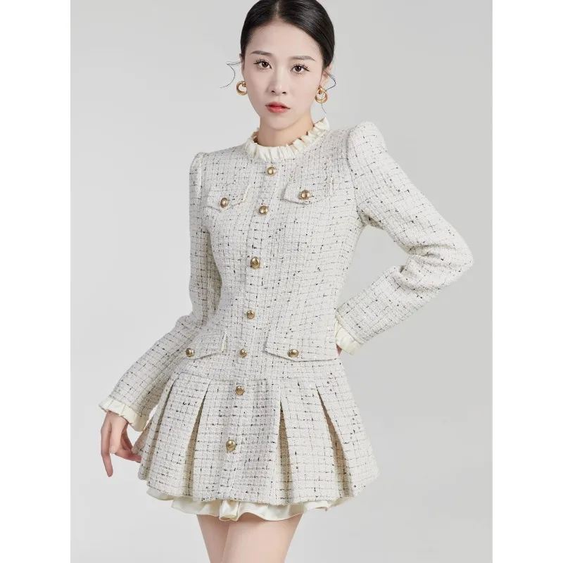 

French Temperament Woolen Dress Women Korean Patchwork Round Neck Ruffled Edges Celebrity Plaid Slim Autumn Female Fashion Wear