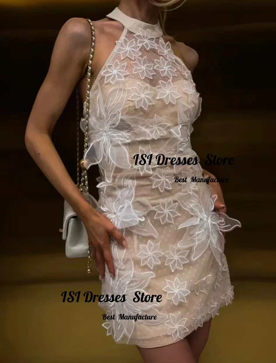 ISI Modern Floral Appliques Cocktail Dress Halter Sleeveless Sheath Lace Special Occasion Celebration Prom Gown Customized