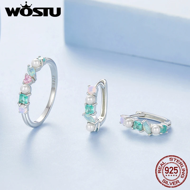 WOSTU 925 Sterling Silver Colorful Opal Hoop Earrings Sized Ring Jewelry Set Y2K Rings for Women Fine Jewelry Party Dating Daily