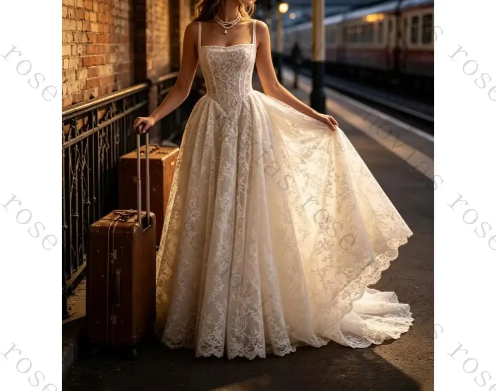 Customized Square Collar Lace Tight Corset with Decal Wedding Dresses 2026 New Romantic Sleeveless Camisole Ruffled Bridal Gown