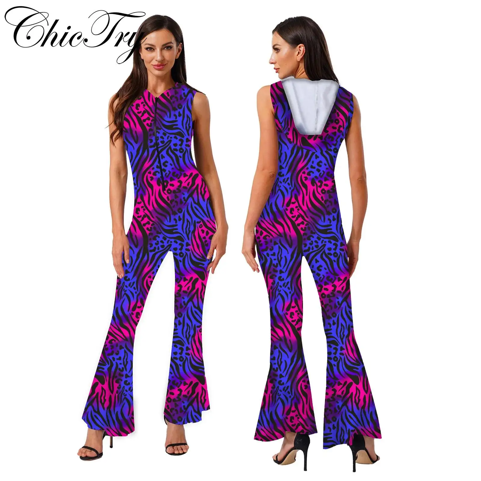 

Womens 90s Disco Dance Costume Halloween Carnival Cosplay Jumpsuit Sleeveless Front Zipper Bell-Bottom Printed Hooded Dress Up