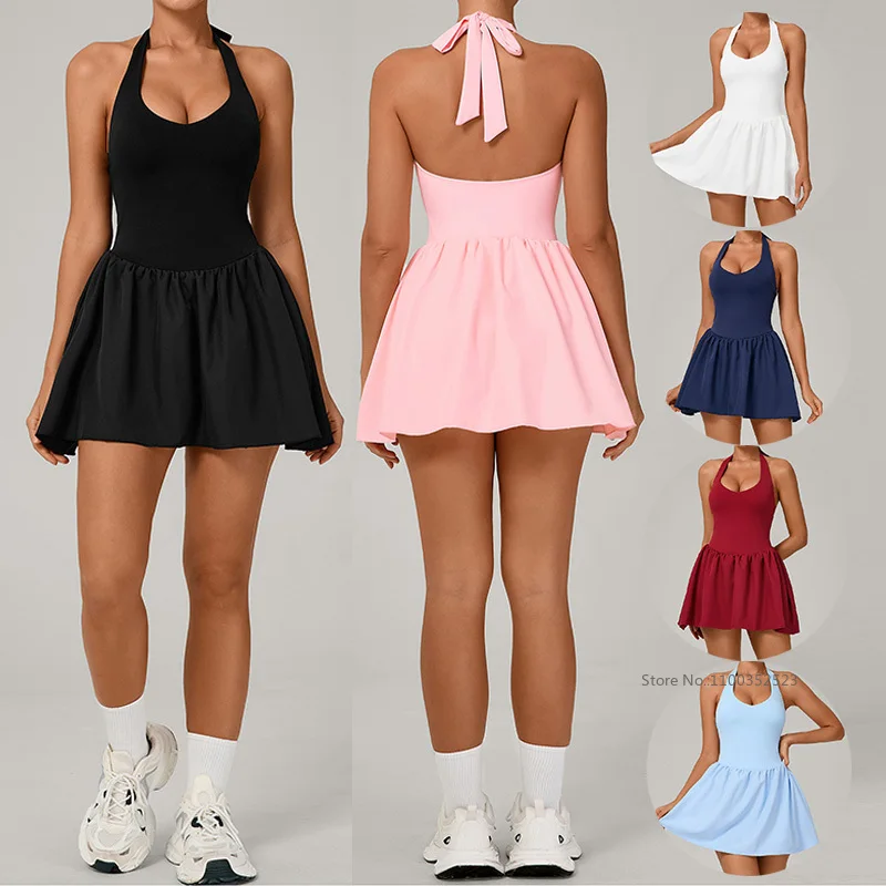 2026 Sports Dress Women Halter Backless Tennis Dress with Bra and Short Ladies A-lined Pleated Workout Skirts Sportswear