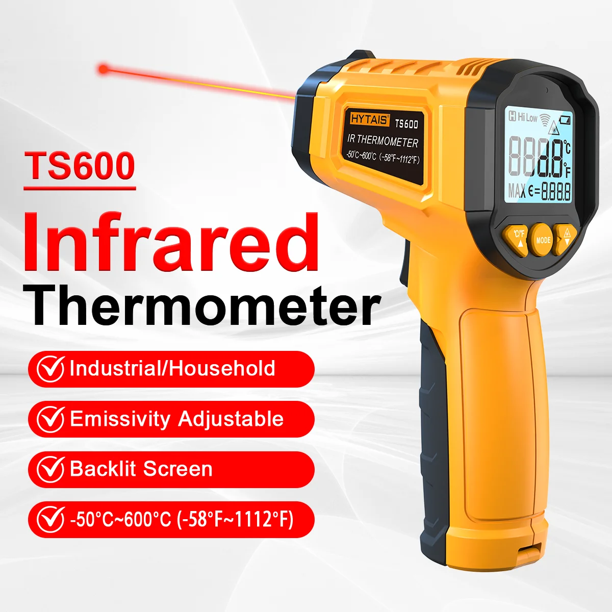 HYTAIS TS600 Cyfrowy termometr na podczerwień z czujnikiem Przemysłowy bezdotykowy pistolet na podczerwień 0,1-1, emisyjność -50 ~ 600 ° Ręczny