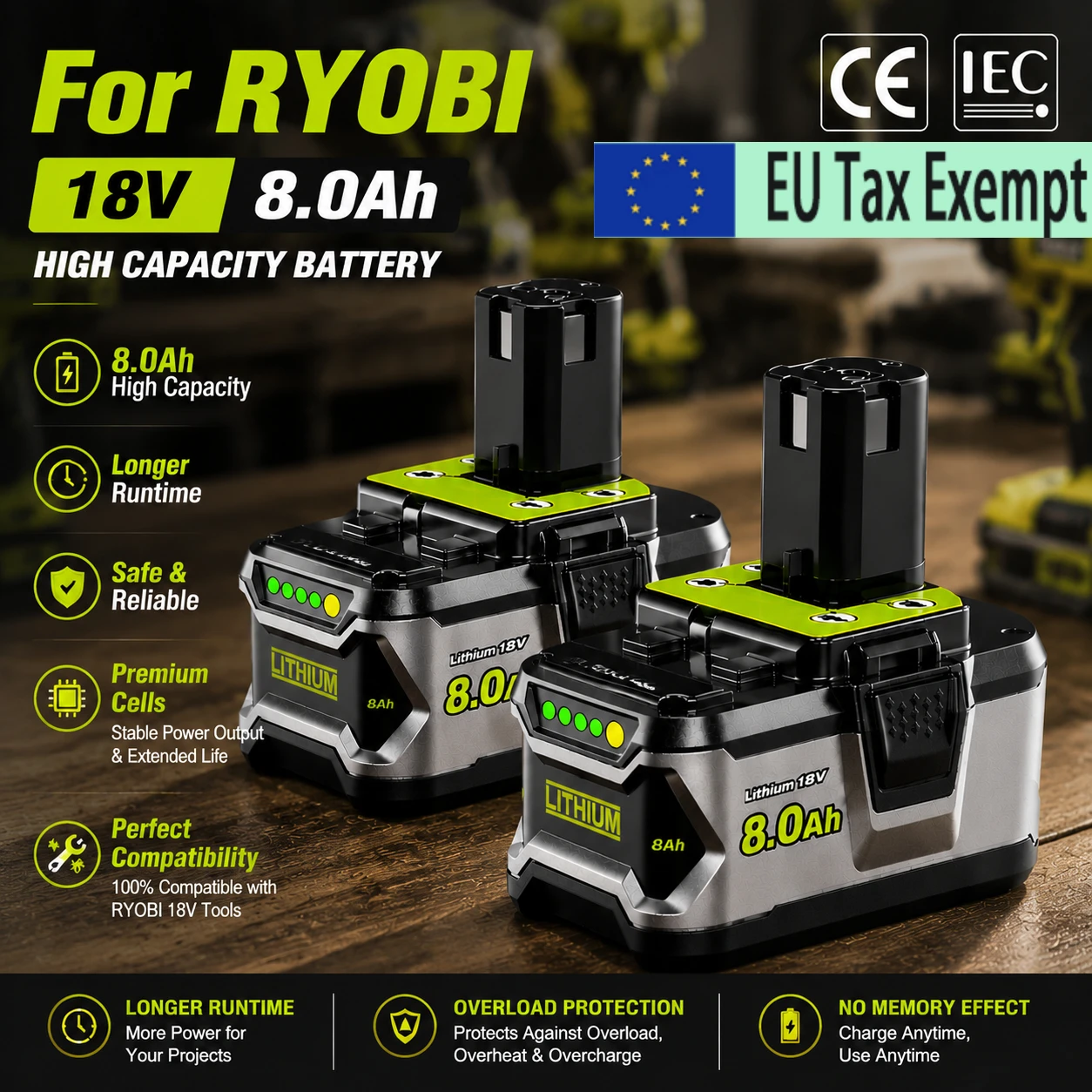Batterie au lithium haute performance RYOBI 18V, sans effet mémoire, faible autodécharge, compatible avec tous les outils P108, P109