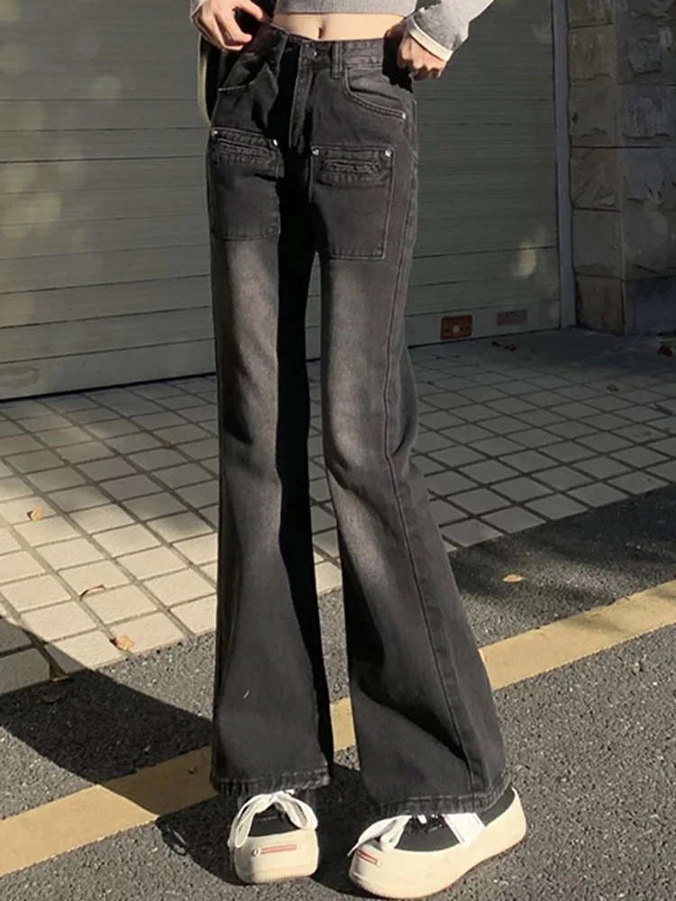 Korean Retro Micro Flared Jeans for Women Black High Waisted Loose Denim Pants Trendy Versatile High Street Zipper Trousers