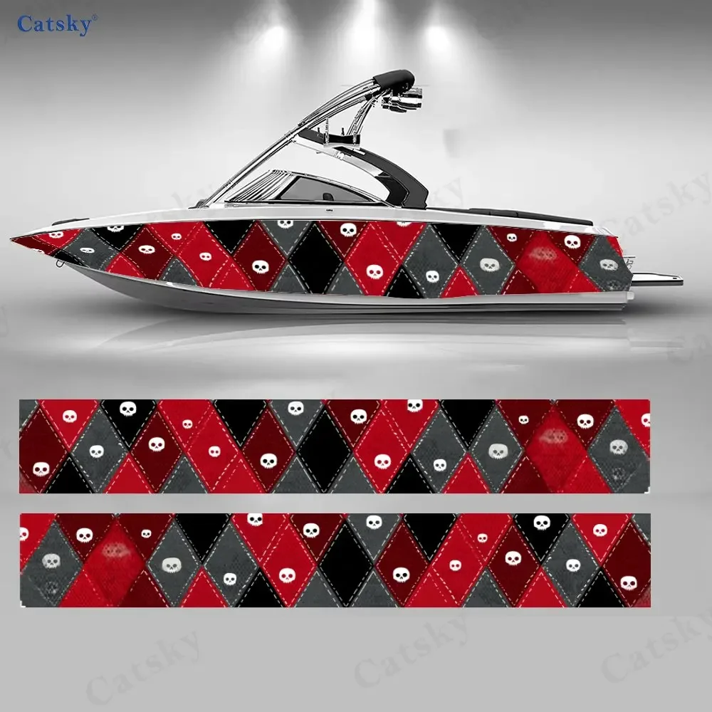 2Pcs Vintage Plaid Skull Boat Stickers, PVC Waterproof Durable Vinyl Wrap Decals for Fishing Boats, Durable and Stylish Design