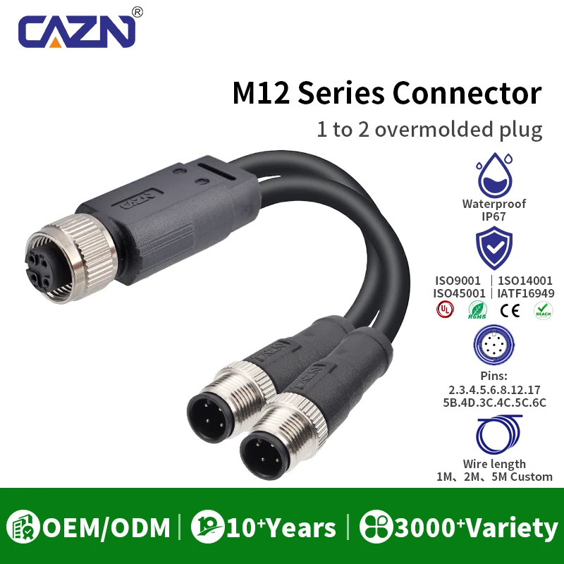 1 to 2 Way M12 Shielded Splitter Cable Male to Female 2 3 4 5 6 8 12 17 Pin 1/2/5m PVC IP67 for Robotics & Signal Transmission