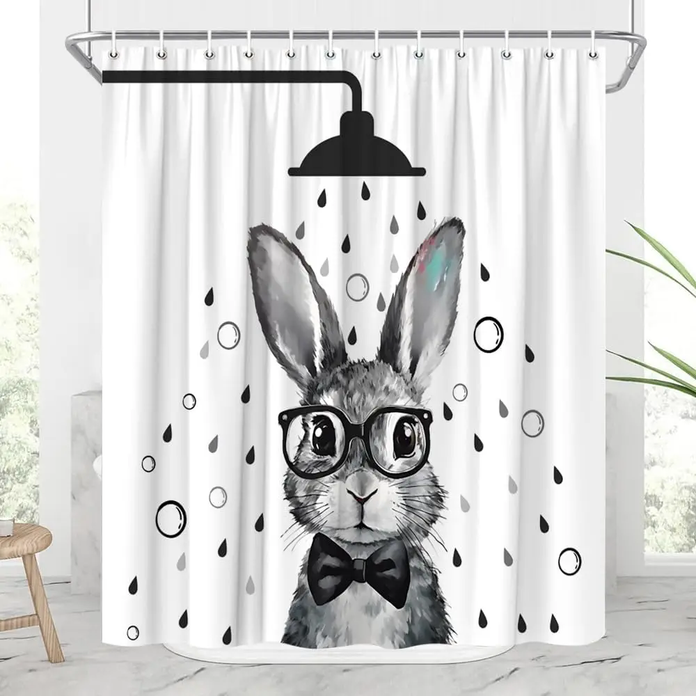 

Funny Rabbit Shower Curtain for Bathroom The Bunny with Glasses is Taking a Bath Easter Abstract Animals Farmhouse Cute Wildlife