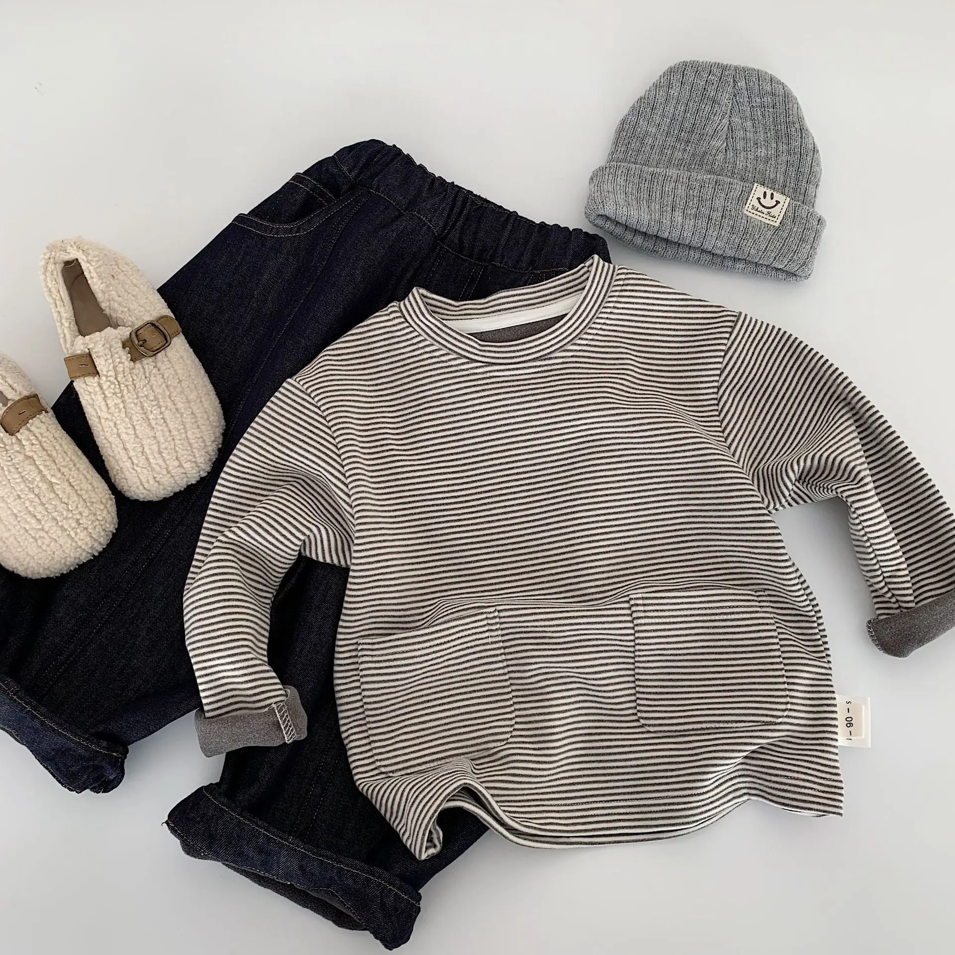 

Children 3-8Y Girl Shirt 2025 Winter Toddler Kids Striped Casual Thick Warm Undershirt Pocket Round Neck Teenager Girls Top