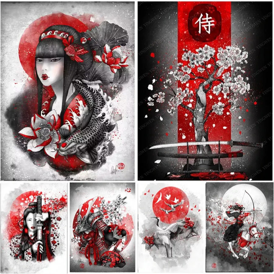 5D DIY Diamond Painting Samurai Geisha Landscape Cross Stitch Full Square Drill Diamond Embroidery Mosaic Needlework Home Decor