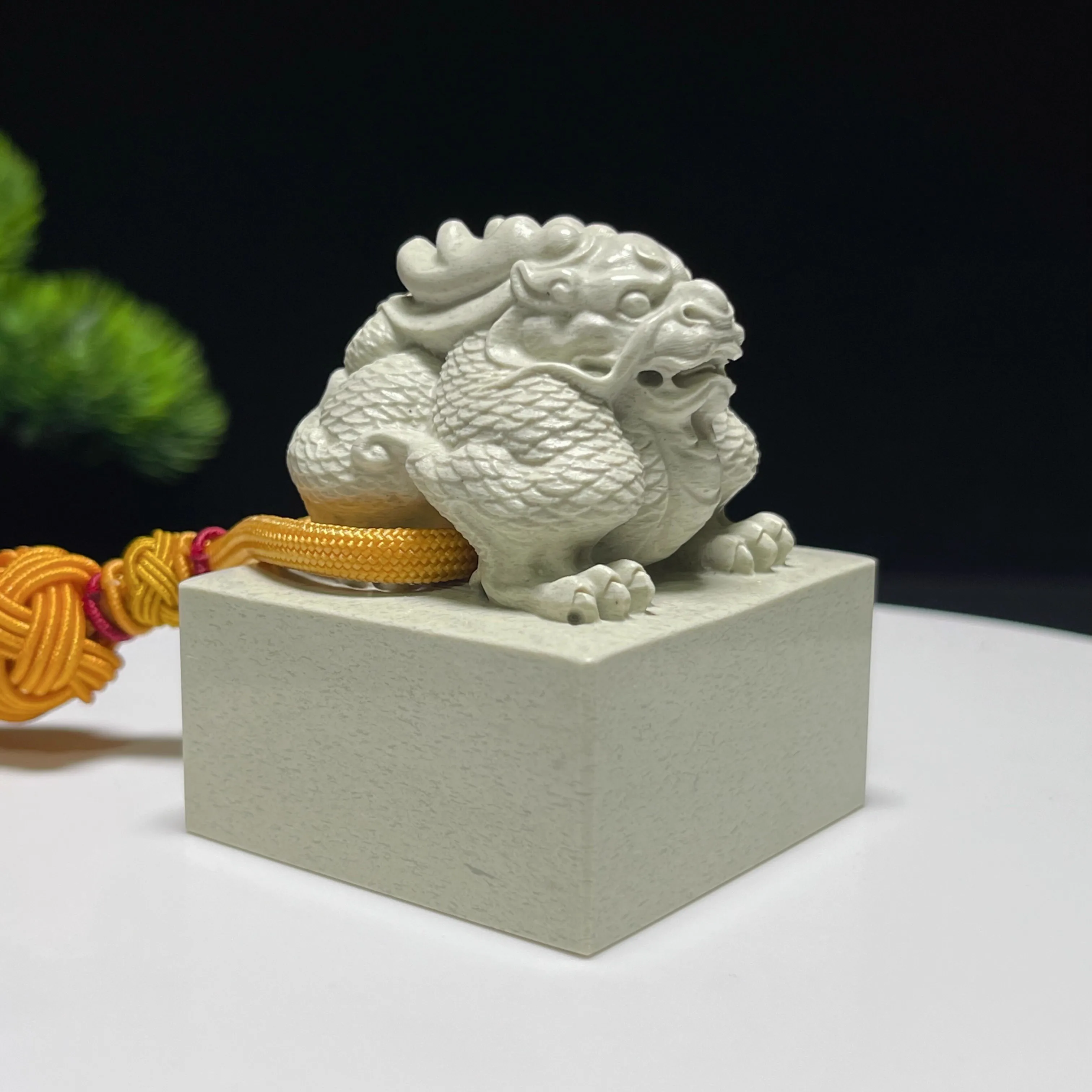 

Chinese Qingtian Stone Qilin Seal - Handmade Mythical Beast Carving, Custom Name Chop for Calligraphy 5x5 cm