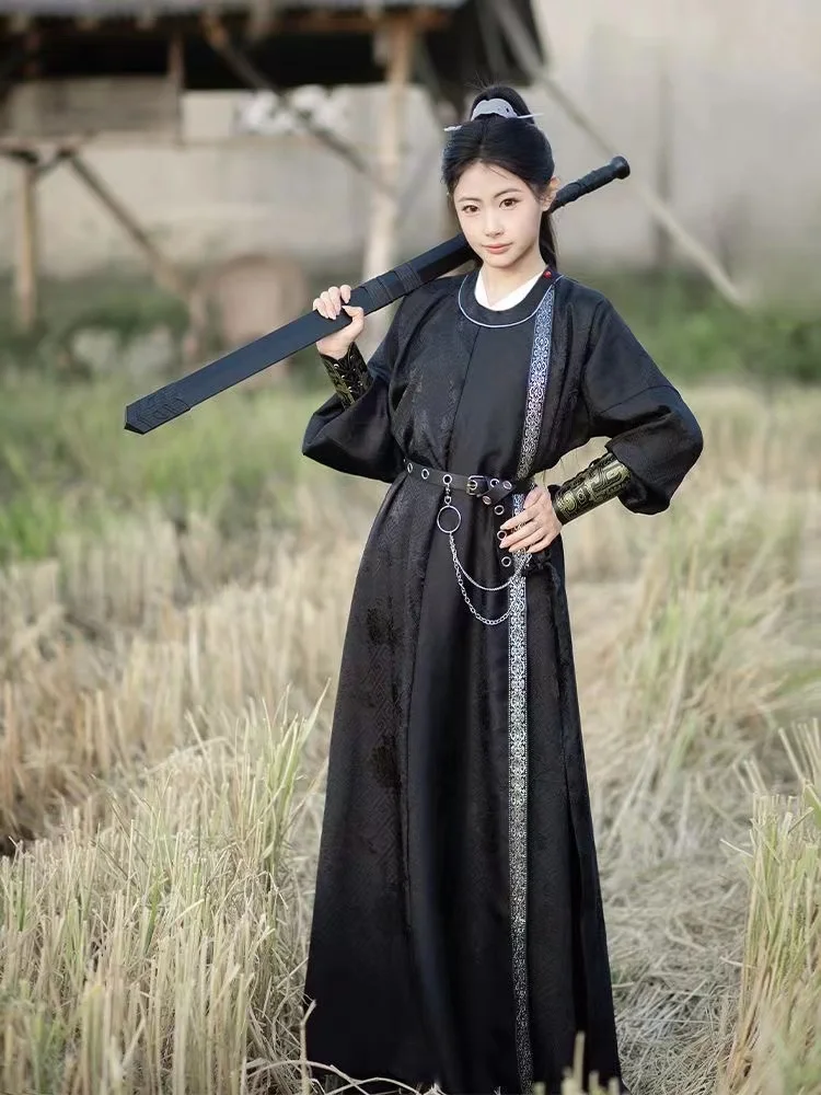 Fantasia chinesa de hanfu da dinastia Tang para homens e mulheres, roupinha com gola redonda, roupas cosplay vintage, elegante, espadachim, preto, tradicional, festa