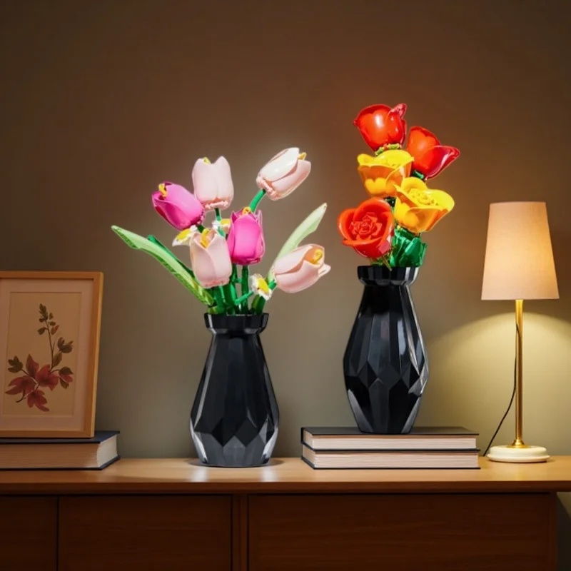 

Four types of 200-600PCS living room and bedroom decorative flower building block toys, fashionable, holiday gifts (with box)
