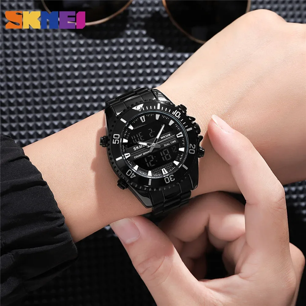 SKMEI 1850 Alarm Men Clock Waterproof Stainless Steel Relogio Masculino Dual Display Watches Mens Fashion Digital Wristwatches