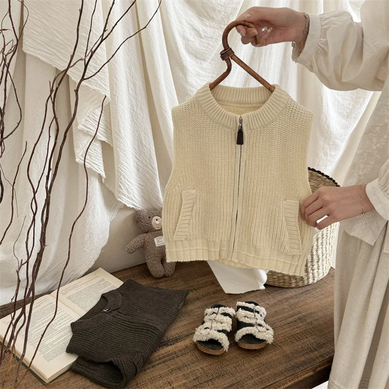 

Детский жилет на молнии для мальчиков, осенний корейский свитер для маленьких мальчиков, жилет, однотонный трикотаж без рукавов с круглым воротником для маленьких мальчиков