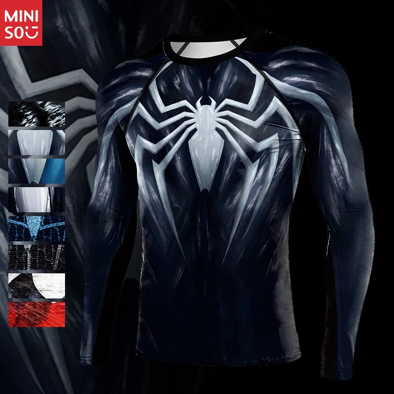 miniso-marvel-spider-web-shirt-men's-workout-top-long-sleeve-compression-wear