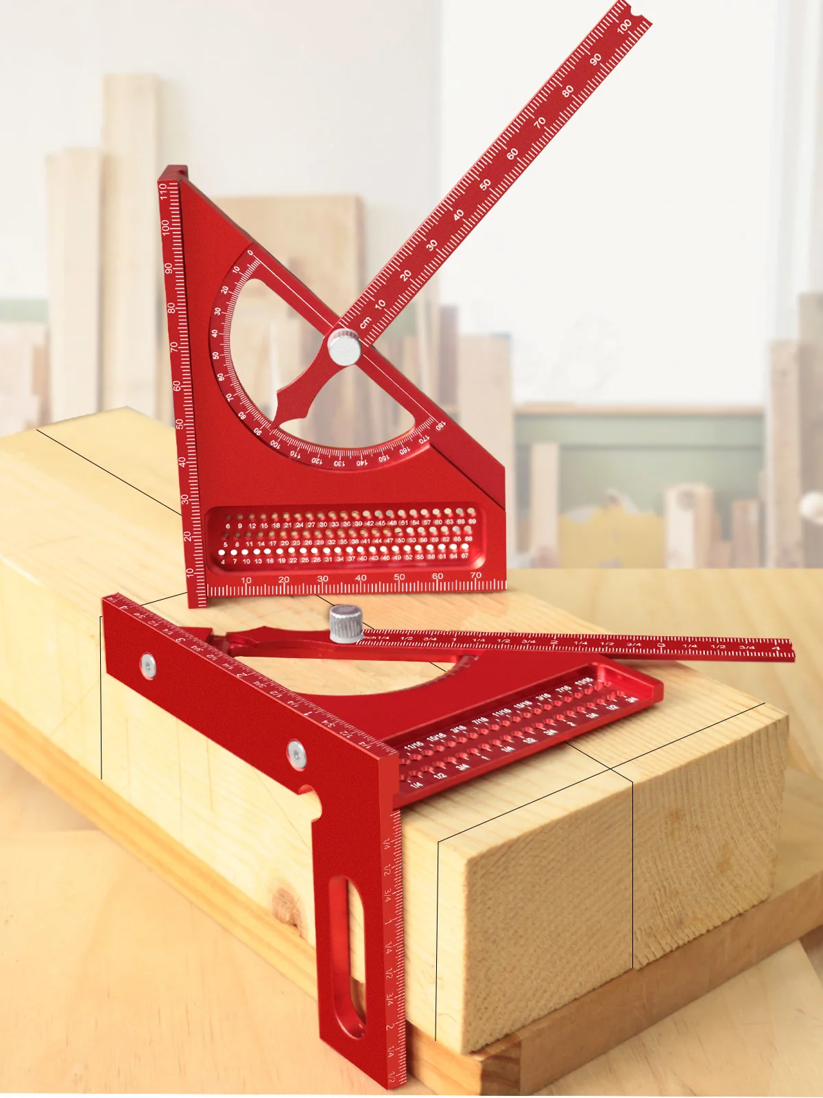 Kreatives Holzbearbeitungsset, quadratisch, 180 Grad 3D verstellbarer quadratischer Winkelmesser für Tischlerei, Dreieckslineal aus Aluminium mit Anreißlöchern – Detail 1