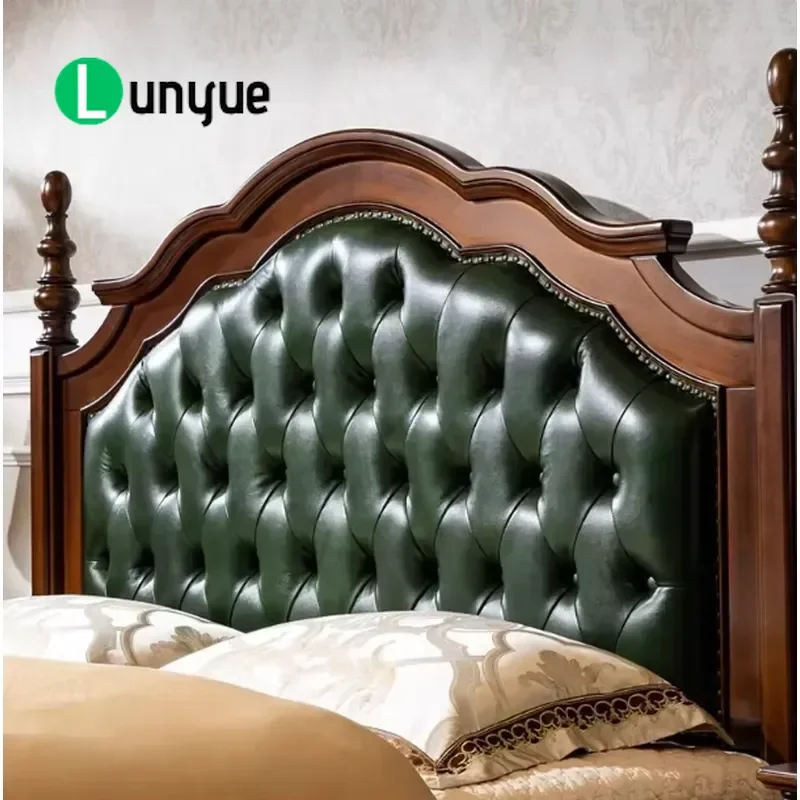 American Classical Solid Wood Bed with Leather Headboard and Storage Base for Master Bedroom or Wedding Room Durable