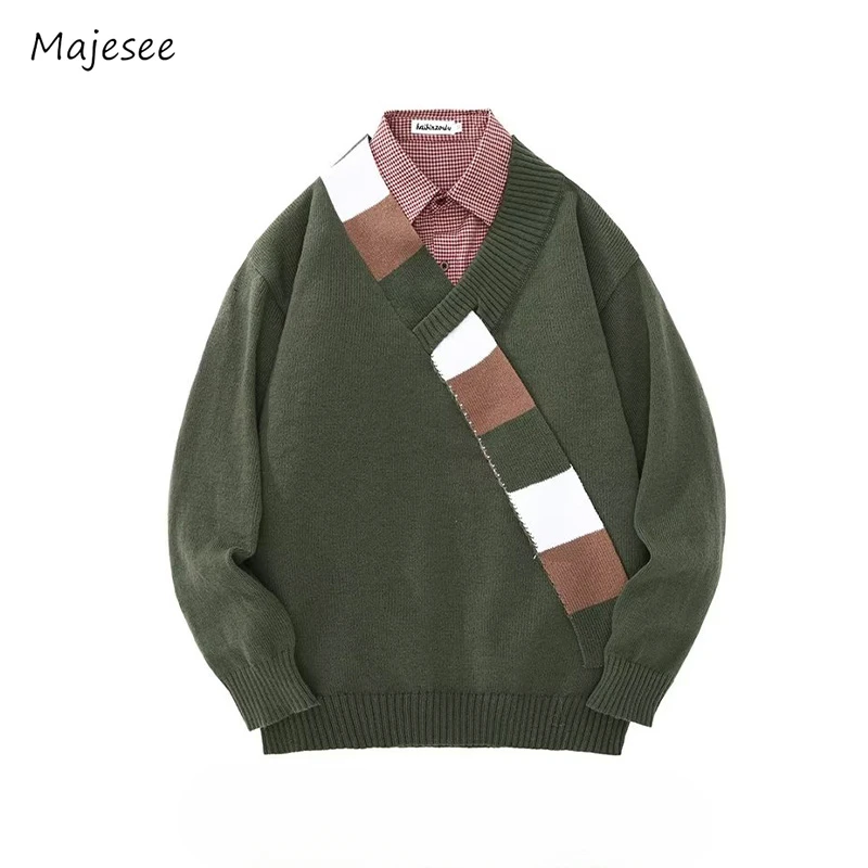 

Sweaters Men Patchwork Japanese Style Vintage Personality Slouchy Long Sleeve Contrast Color Baggy Streetwear Autumn Basic Daily