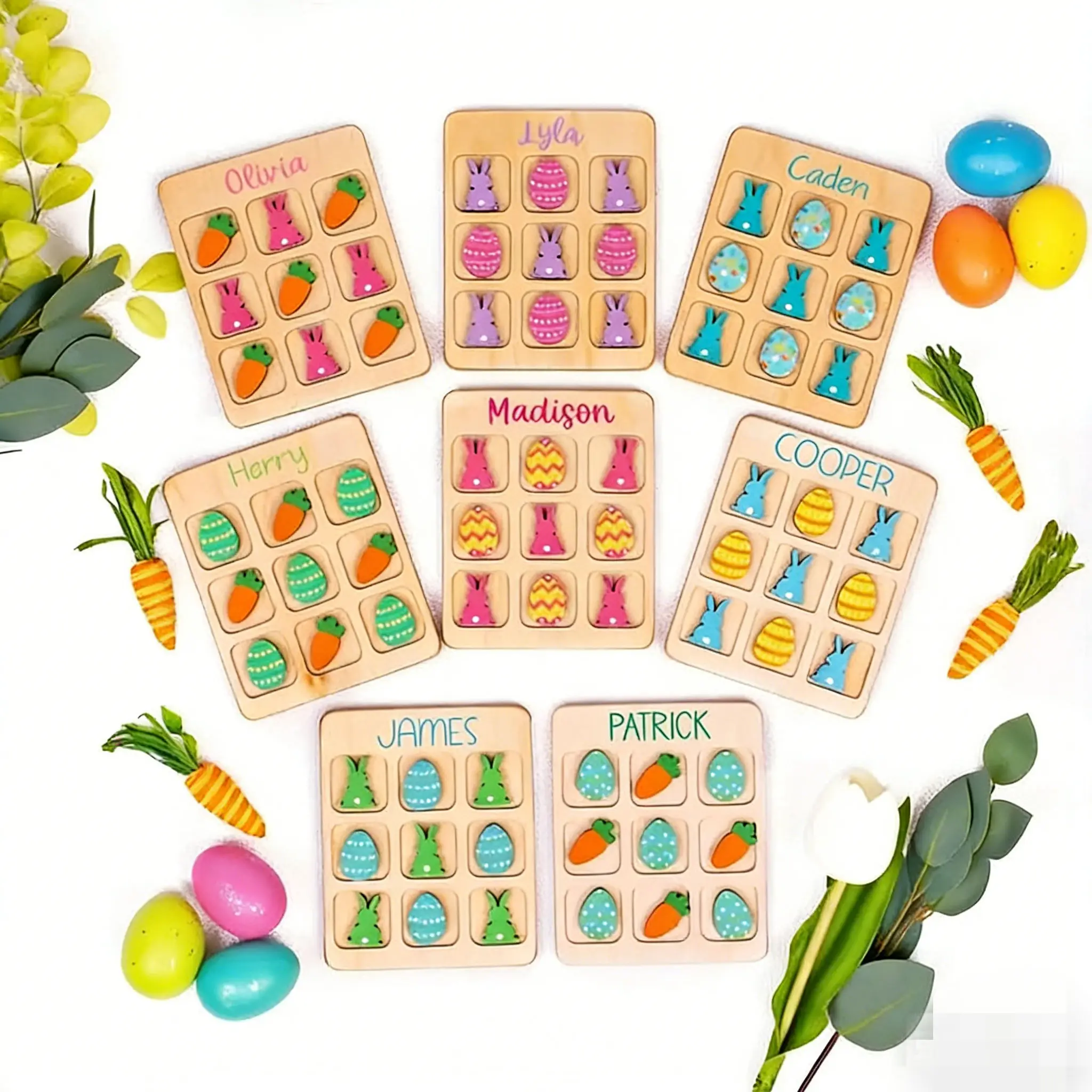 Personalized Easter Bunny Tic Tac Toe Wooden Game - Egg & Carrot Block Toy, Kids' Party Favor, Holiday Gift for Children