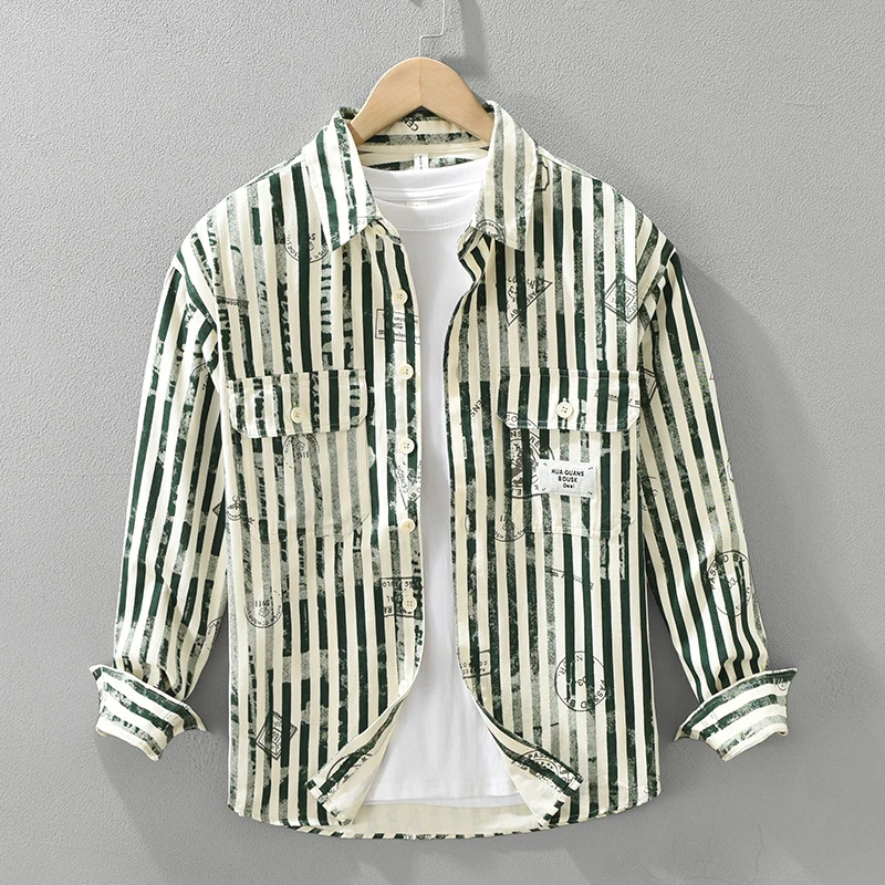 Fresh Striped Multi-pockets 100% Cotton Shirts for Men Clothing Casual Loose Long Sleeve Men Shirts