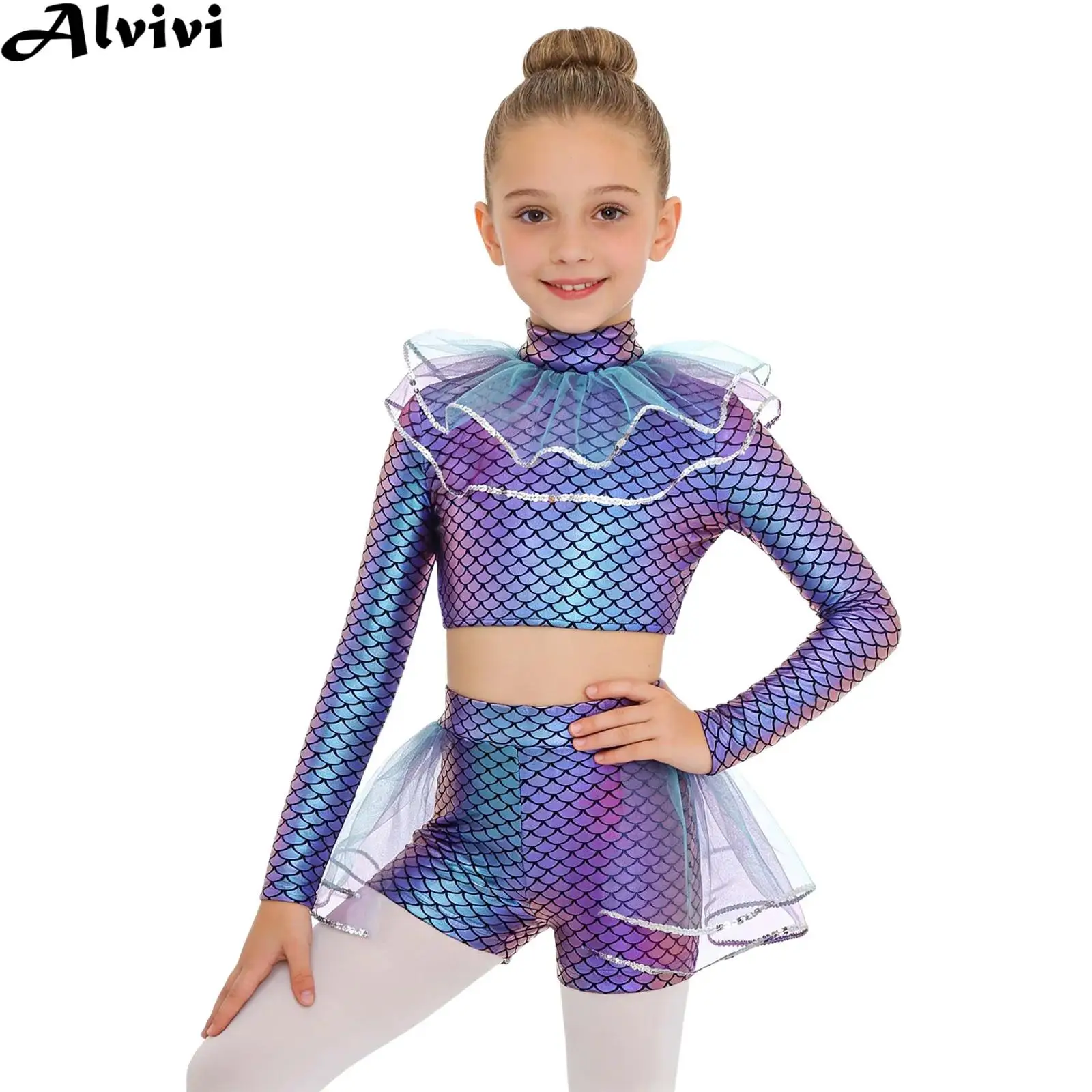 Kids Girls Ballet Skating Jazz Dance Outfit Halloween Carnival Mermaid Cosplay Costume Fish Scales Print Crop Top with Shorts