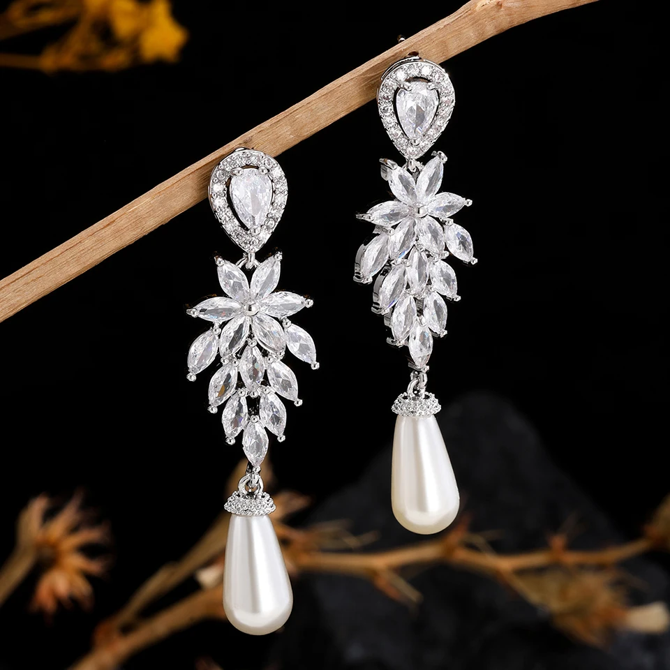 ZAKOL 9 Types Fashion Exquisite Imitation Pearl Drop Earrings for Women Sliver Color Clear Zircon Bridal Earring Jewelry Gift