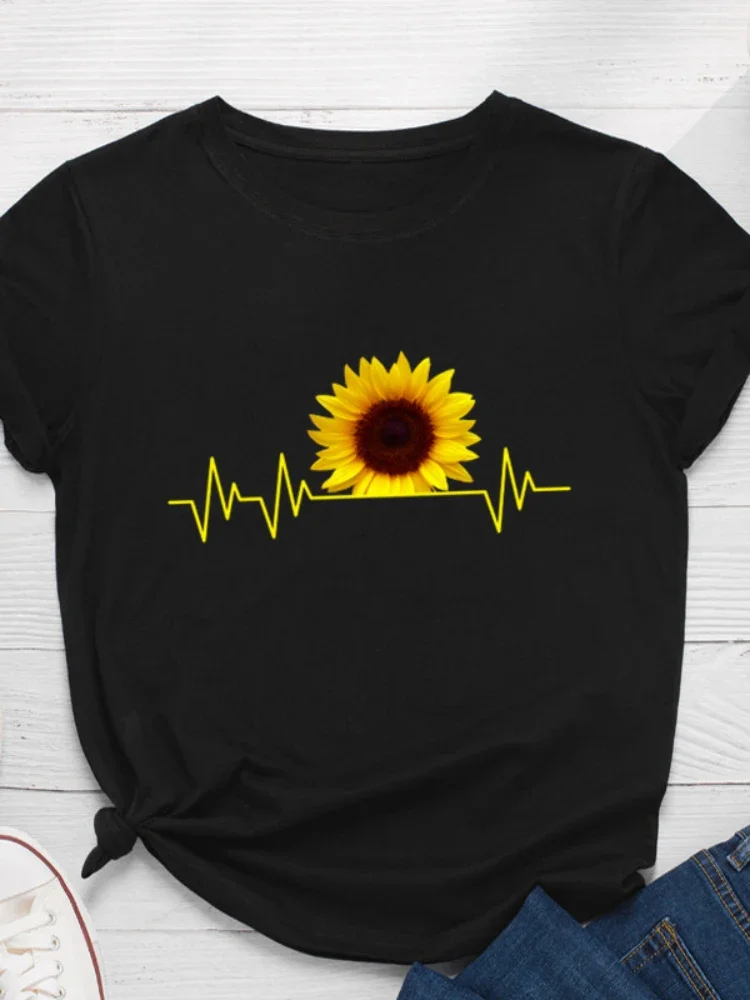 

Sunflower Heartbeat Print Women T Shirt Short Sleeve O Neck Loose Women Tshirt Ladies Tee Shirt Tops Clothes Camisetas Mujer