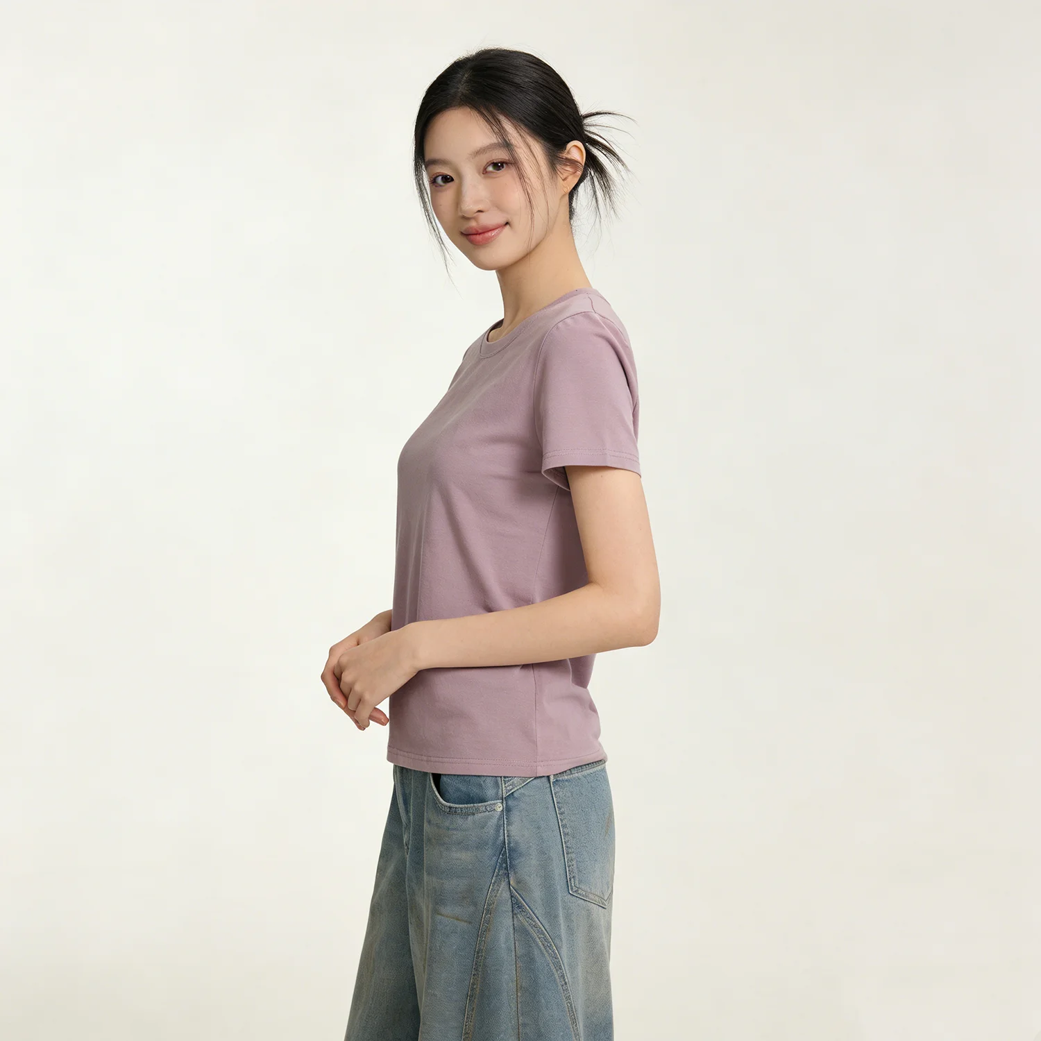 Summer Cotton Blend Short Sleeve round Neck T-Shirt Fleece Finish Slim Fit Casual Style Youthful Pure Color Base Layer Top