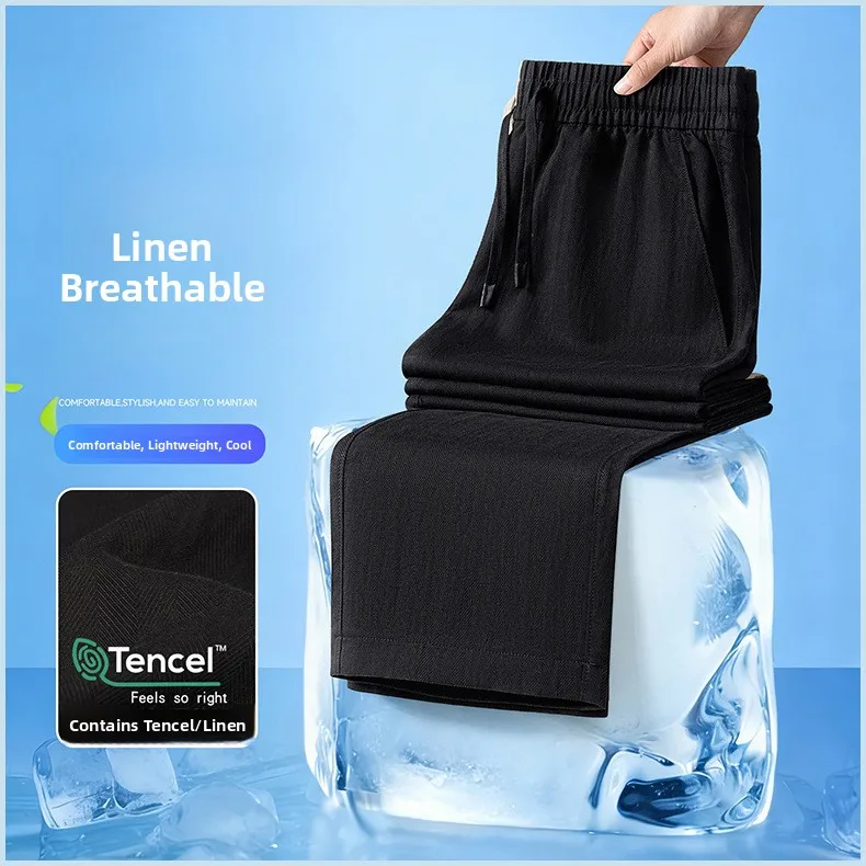 Bestseller Herren Leinen-Lyocell-Hose Sommer Dünn Weich Atmungsaktiv Lässig Cool Gerade Einfache Lange Hose Schwarz Outdoor Alltag – Detail 27