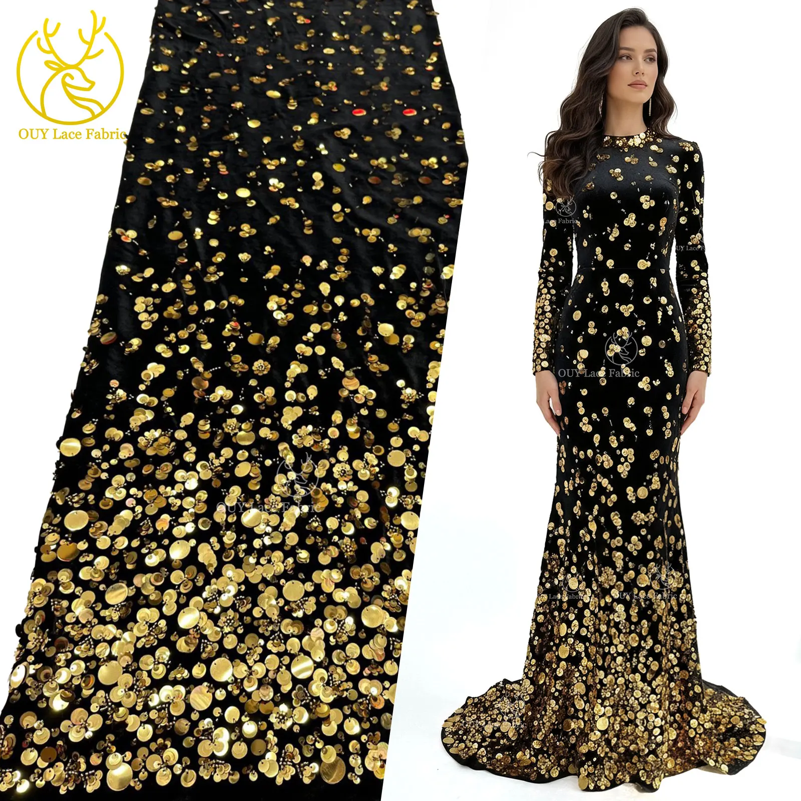 

Black Gold Luxury African Velvet Sequined Lace Fabric 2026 High-Quality French Nigerian Party Dress Lace Fabric Sewing Material