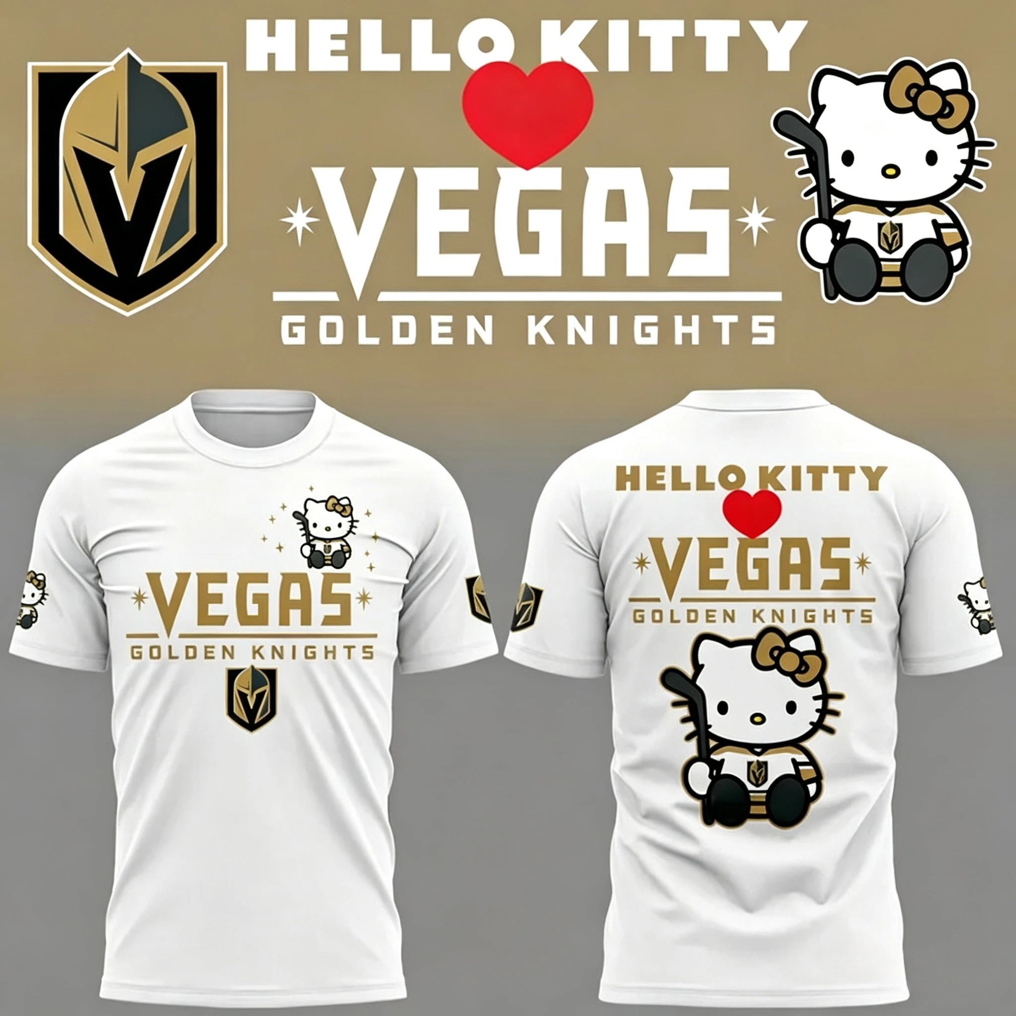 Hello Kitty Vegas Golden Knights T-shirt Front & Back Print White Gold Short Sleeve Tee Women Men Kids Casual Hockey Sports Top
