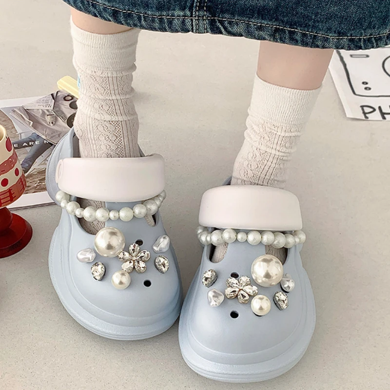 

Women Platform Slippers DIY Rhinestone Pearl Clogs Summer Garden Shoes Thick Sole Girls Indoor Street Slides Platform Sandals