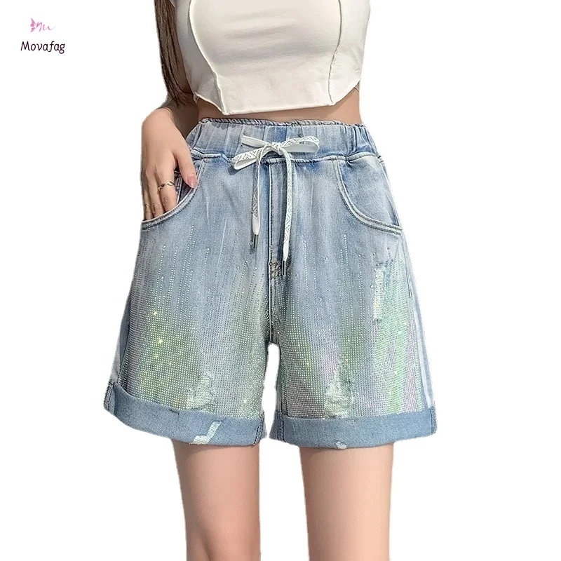 

2024 Summer Short Jeans Diamond Irregular Rag Wide Leg A- Line Lace-up Korean-style High Waist Slimming Women's Pants