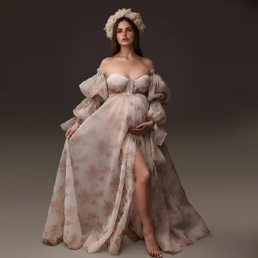 Floral Off Shoulder Long Sleeve Maternity Photoshoot Dress with Slit Pregnancy Shooting Gown Comfortable Photography Outfit