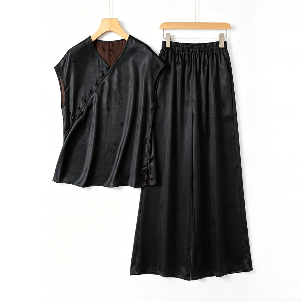 Women's Fashion New Old Material 100% Natural Mulberry Silk Fragrant Cloud Yarn Black V-neck Short Sleeve T-shirt Wide Leg Pants