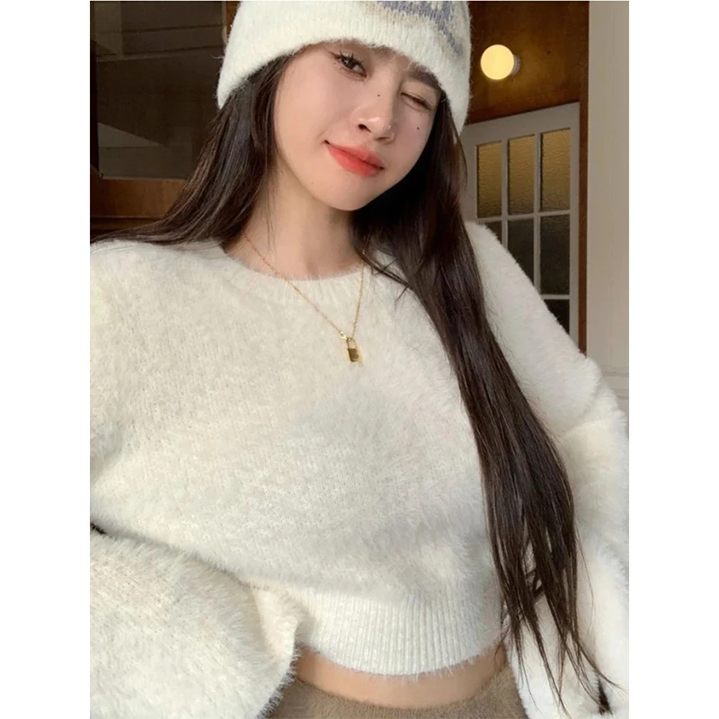 Streetwear Cropped maglione donna Mohair pullover lavorati a maglia coreano Flare Sleeve Slim Jumpers Fashion Solid All Match maglieria nuovo