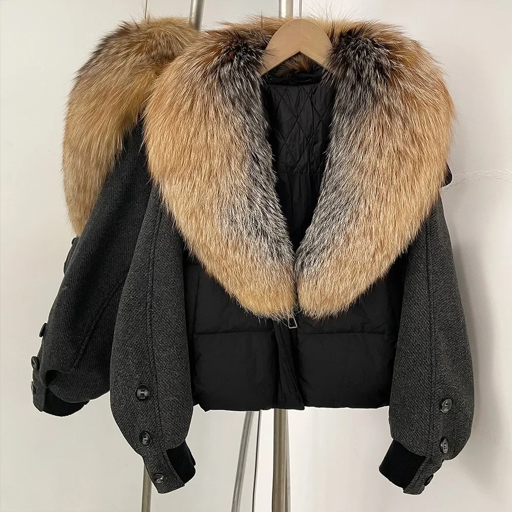 OFTBUY Fur Jacket Women Loose Natural Real Fur Collar Down Coat Thick New Autumn Winter Patchwork Sleeves Female Puffer Jacket