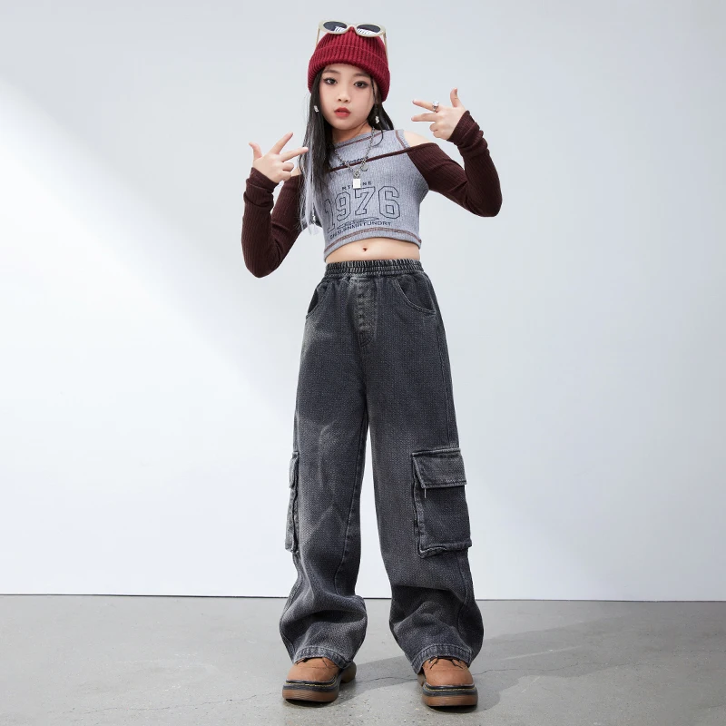 Girls Jazz Dance Clothes Long Sleeves Crop Tops Black Denim Pants Hip Hop Kids Performance Outfits Kpop Stage Costume BL12181