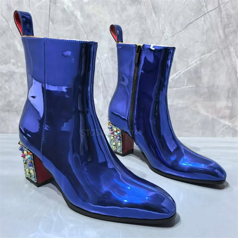 Luxury Chunky Heel Chelsea Boots for Men Sapphire Color Rhinestone Decor 5cm Heels Short Boots Brand Design Catwalk Male Shoes