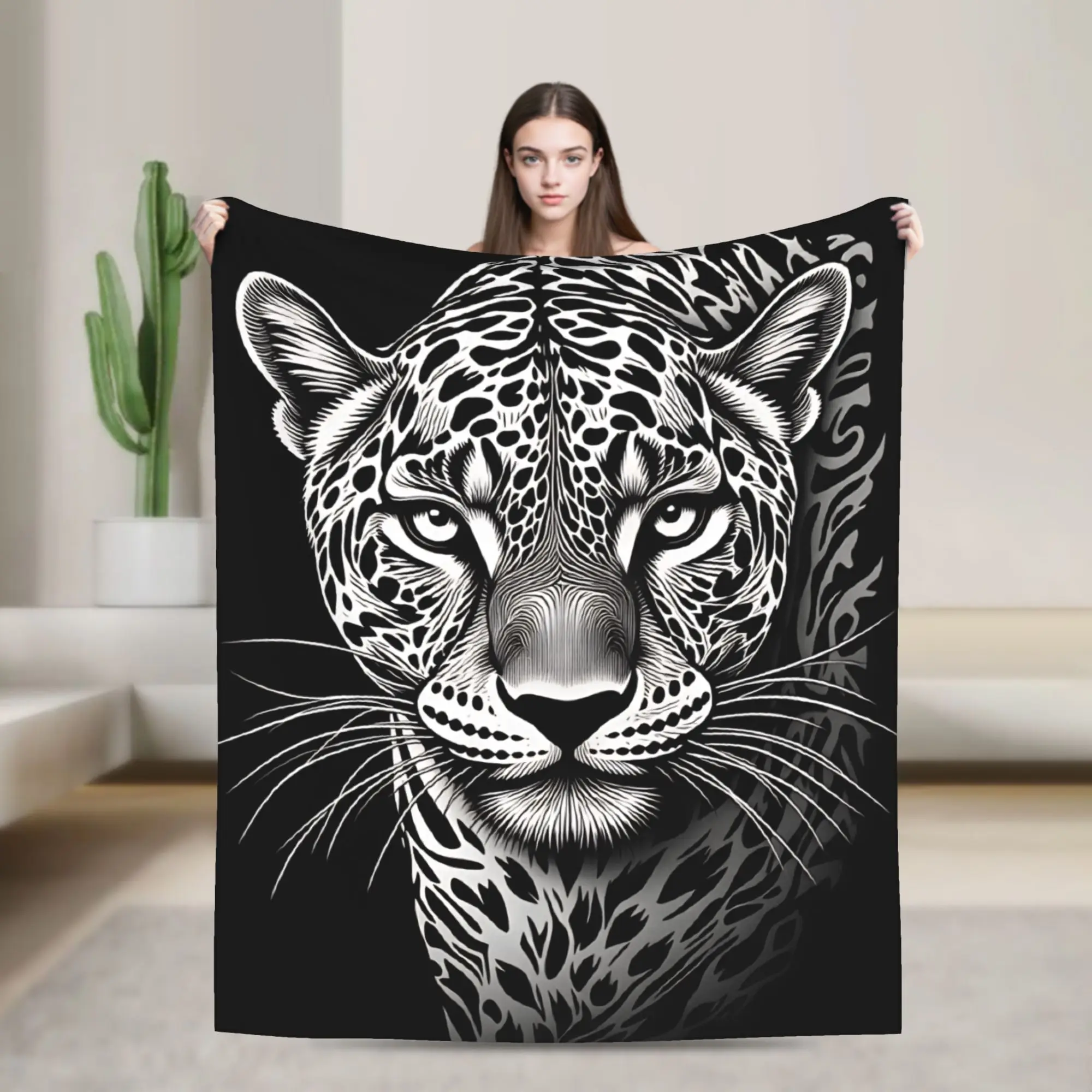 Black Background Line Art Leopard Portrait Throw Blanket Warm Cozy Aesthetic Blanket  For Outdoor Camping Bedspread Bed Cover