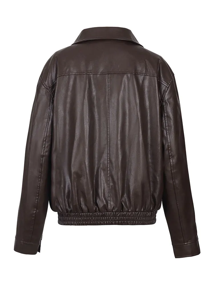 Nieuwe bruine oversized kunstleer dames winterjas met kraag en ritsjas Vintage Koreaanse populaire dameskleding bovenkleding top