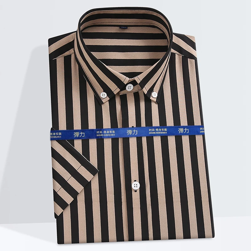 Fashion korean striped clothes summer thin short sleeve shirts for men slim fit casual plain shirt trends elastic hawaiian tops