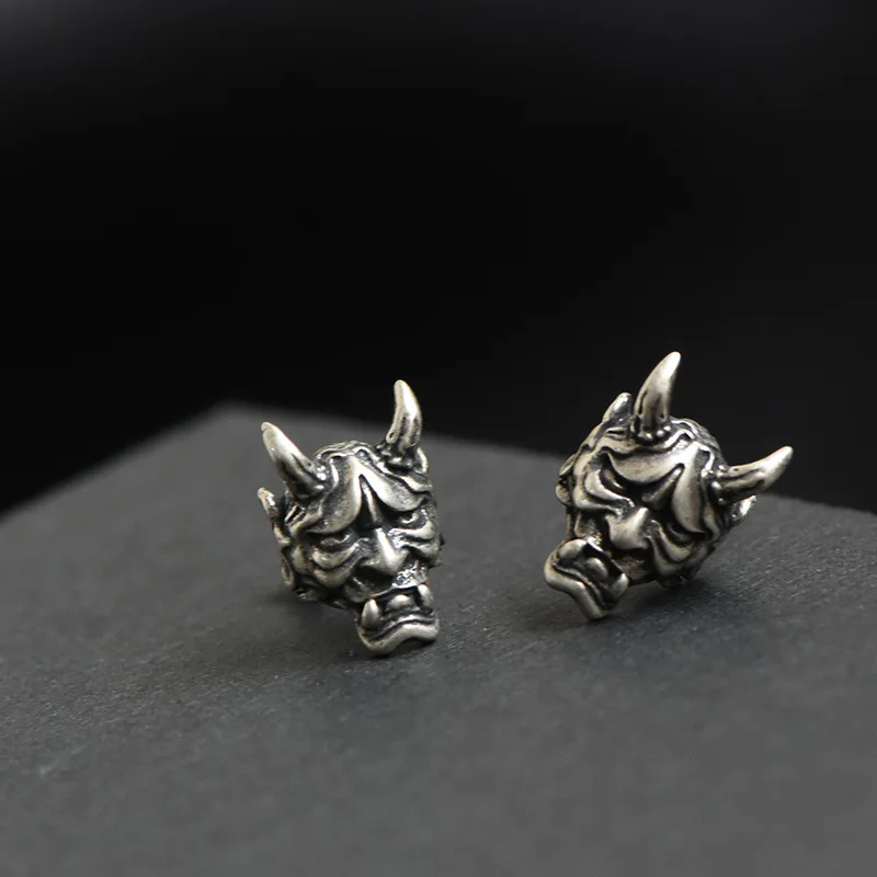 Japanese Prajna Mask Skull Stud Earrings for Men and Women's Gothic Punk Style Silver Plated Devil Earrings Party Jewelry