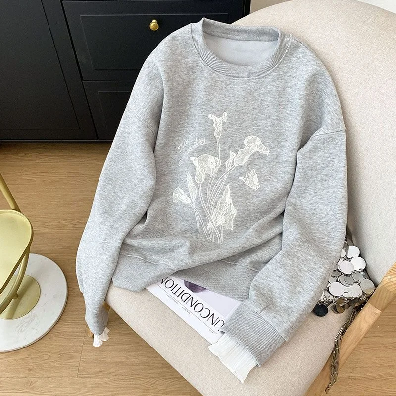 

Свободная толстовка с длинным свеком и цветочным принтом, тонкая весенне-осенняя толстовка с ленивым рукавом, топ на голову, корейский дизайн, антивозрастной тренд