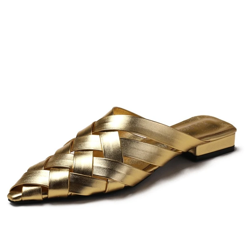 

New Gold Black Hollow Out Woven Pointed End Slippers European American Summer Fashion 3cm Low Heel Outdoor Baotou Half Slippers
