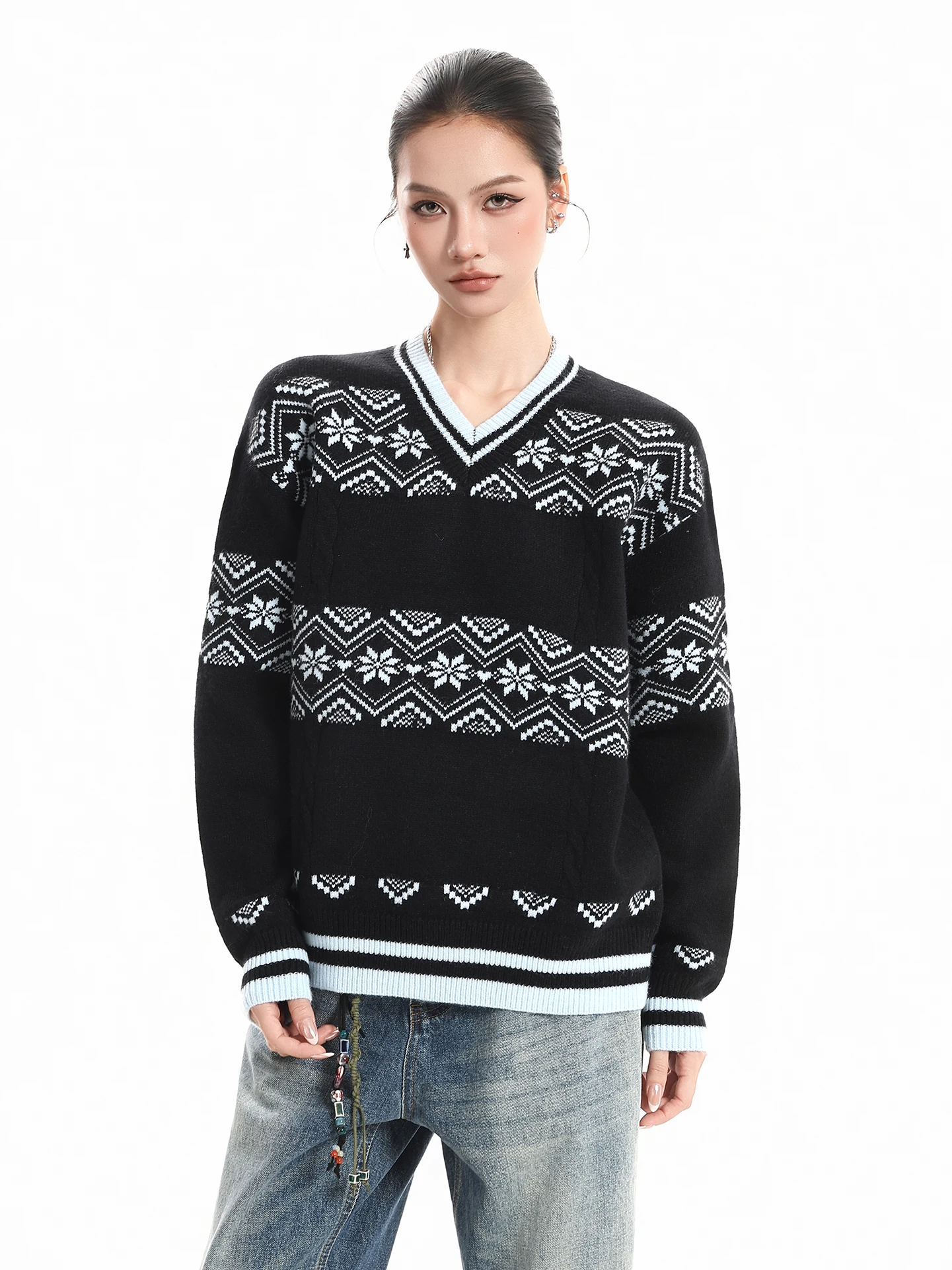 

American Retro Color Block V-neck Sweater Women's Spring New Fair Isle Versatile Knitted Shirt Street Style Loose Fit Long Sl...